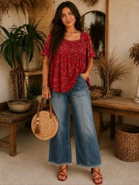 Ditsy Print Floral Blouse Caffe Marrahesh Boho Peasant Blouse Red Top SZ: 1X